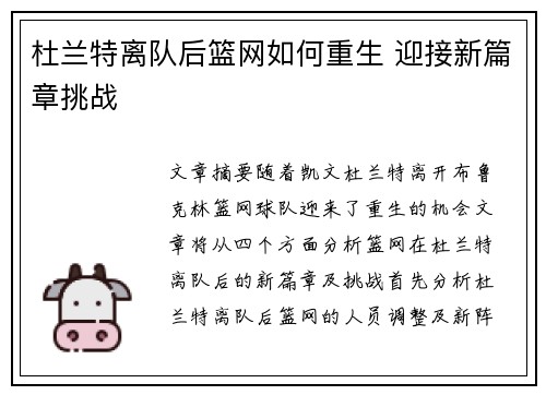 杜兰特离队后篮网如何重生 迎接新篇章挑战