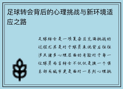 足球转会背后的心理挑战与新环境适应之路